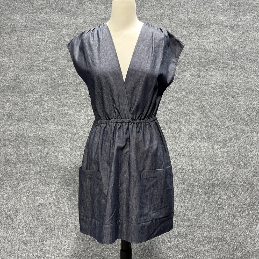 Final Touch Dress Womens Large Blue Chambray V Neck Elastic Waist Pockets